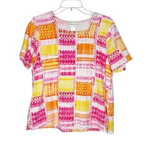 Alfred Dunner Wms Med Pink Orange Rectangle Print Square Neck Embellished Top